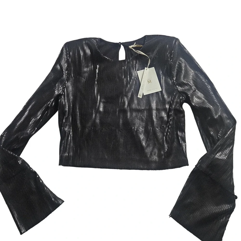 Milio Milano Blouse Womens‎ Medium Black Sequin Bell Sleeve Cropped Party Top